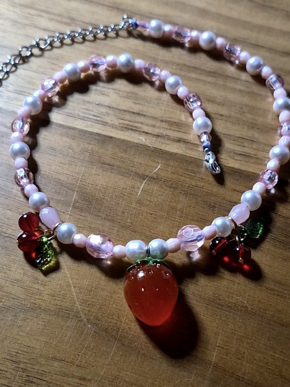 Pink Pearl & Glass Strawberry Pendant Y2K Coquette Cottagecore Necklace